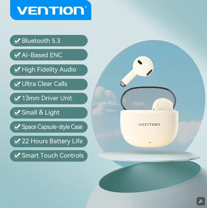 Vention Bluetooth 5.3 Wireless Earphones Headset TWS HiFi Stereo Sports with Mic Earbud Low Latency Headphones Touch Control