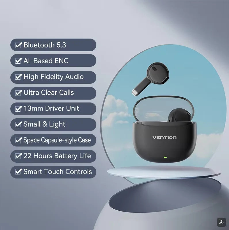 Vention Bluetooth 5.3 Wireless Earphones Headset TWS HiFi Stereo Sports with Mic Earbud Low Latency Headphones Touch Control